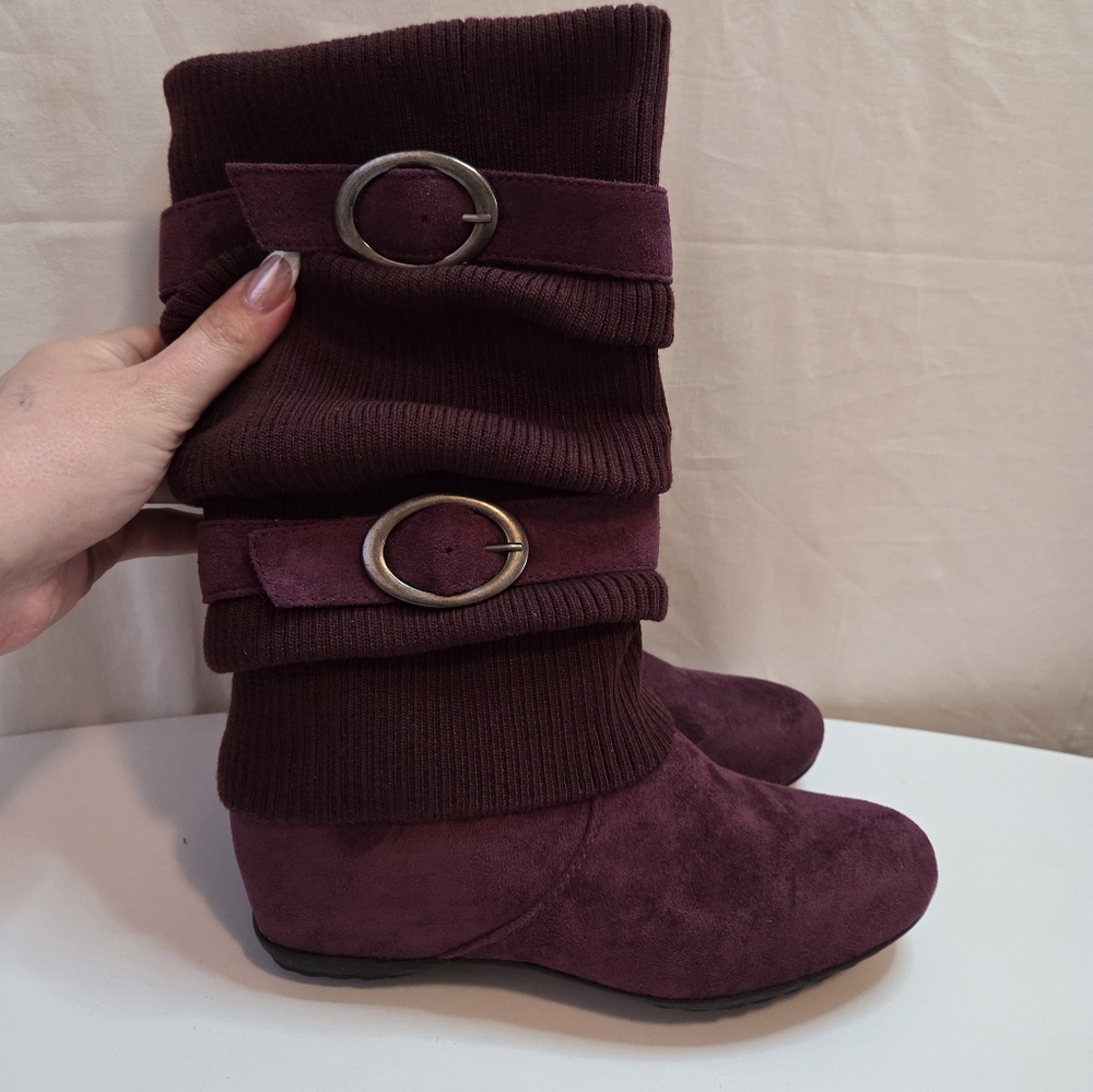 Burgundy Suede Boots with Buckle Accents, 11inch Tall, Size 37, Brand New